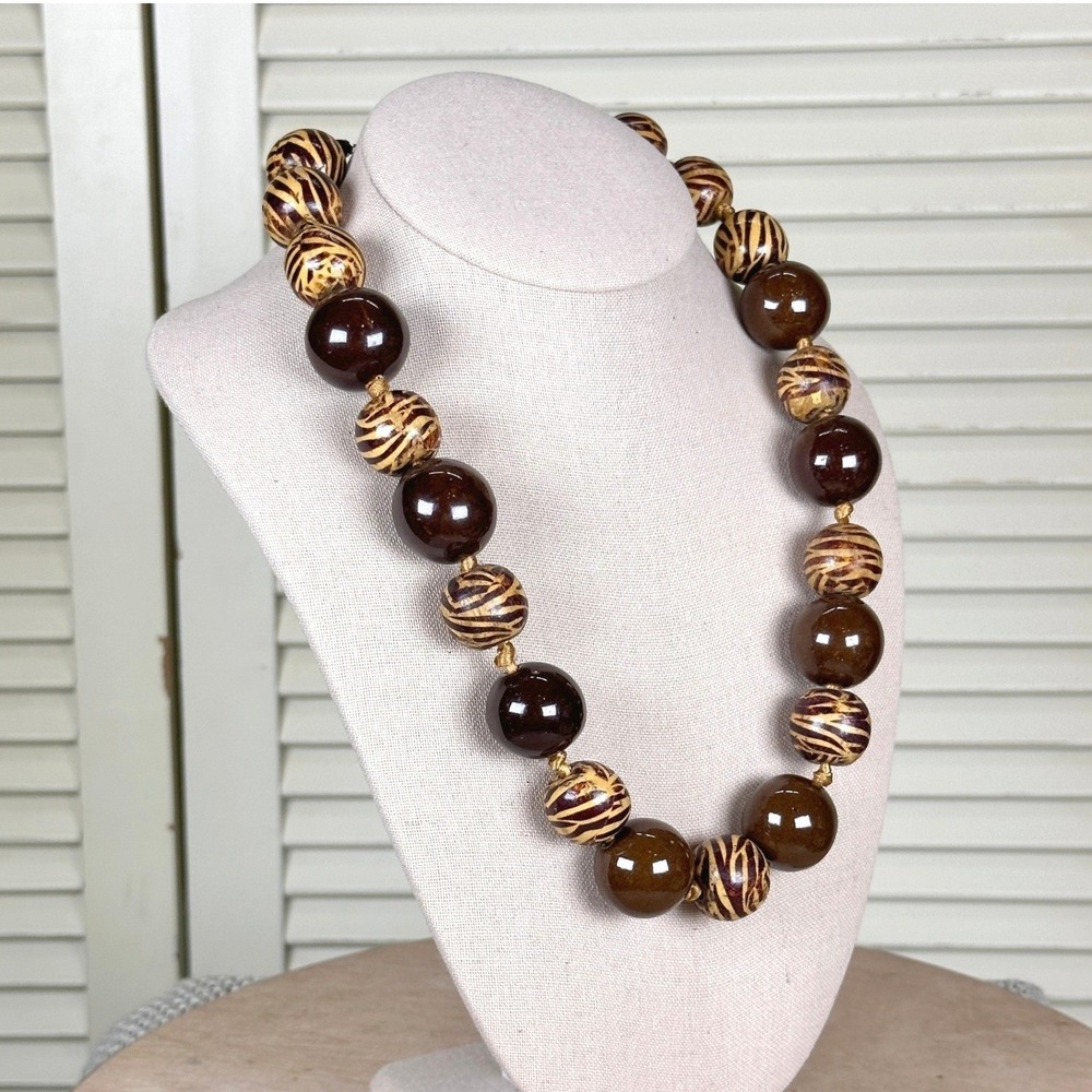 Vintage‎ Wood & Glazed Ceramic Safari Zebra Striped Beaded Necklace Hand Knotted - Picture 2 of 6